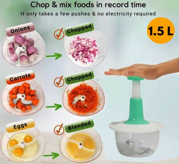 Manual Food Chopper | Speedy Hand-Press Vegetable & Fruit Cutter with 3 Stainless Steel Blades | Random Color