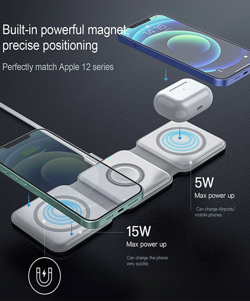 3-in-1 Magnetic Foldable Wireless Charging Station 15W Fast Charger for iPhone, AirPods & Smartwatch