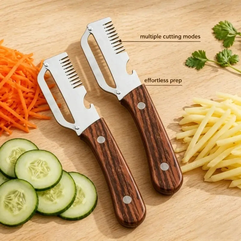 Buy 1 Get 1 Free β 3-in-1 Stainless Steel Vegetable Peeler, Fruit & Vegetable Cutter, Slicer & Bottle Opener with Wooden Handle