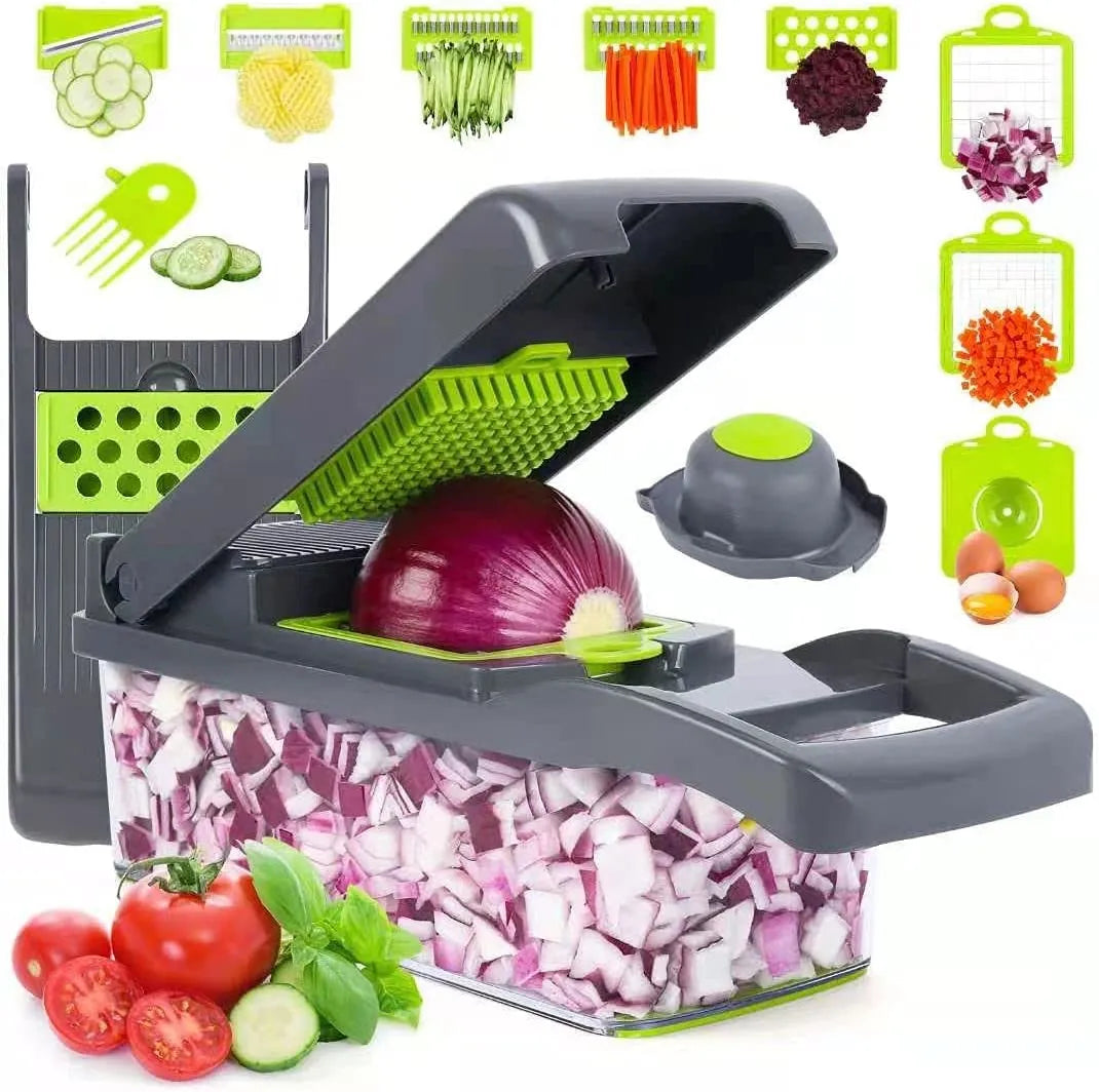 16-in-1 Multifunctional Vegetable Chopper & Slicer – Manual Food Cutter, Dicer, Grater & Julienne with Colander & Storage Container