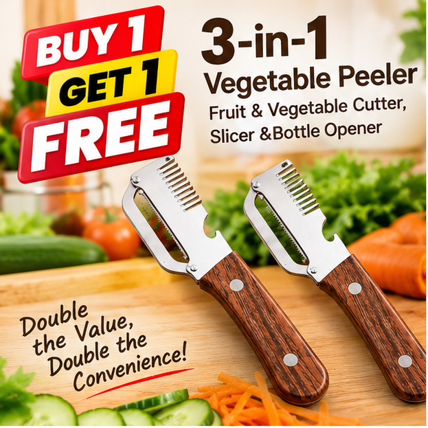 Buy 1 Get 1 Free β 3-in-1 Stainless Steel Vegetable Peeler, Fruit & Vegetable Cutter, Slicer & Bottle Opener with Wooden Handle