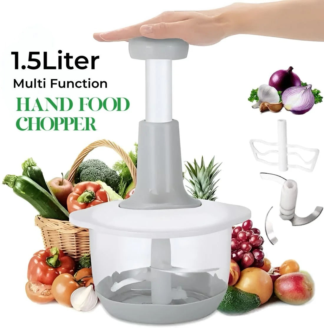 Manual Food Chopper | Speedy Hand-Press Vegetable & Fruit Cutter with 3 Stainless Steel Blades | Random Color