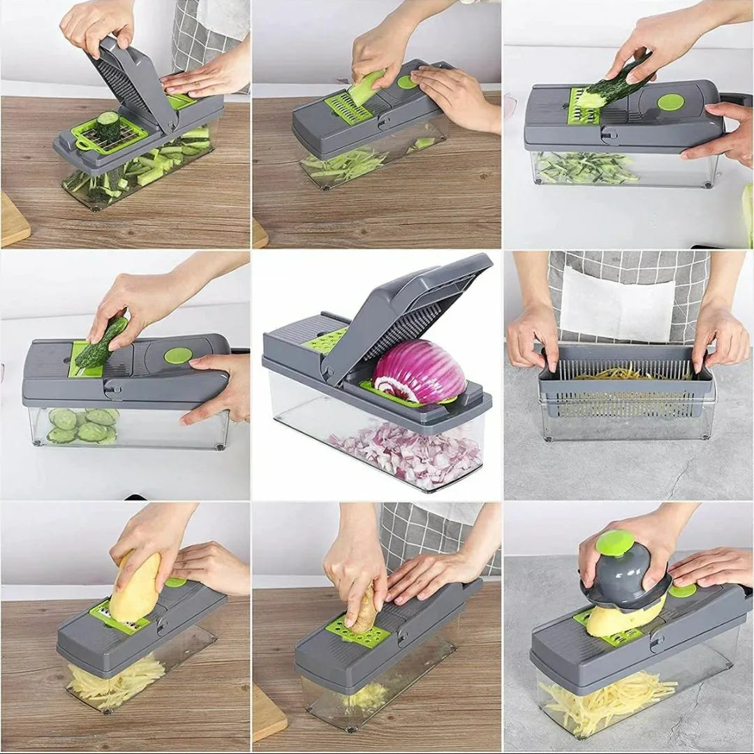 16-in-1 Multifunctional Vegetable Chopper & Slicer – Manual Food Cutter, Dicer, Grater & Julienne with Colander & Storage Container