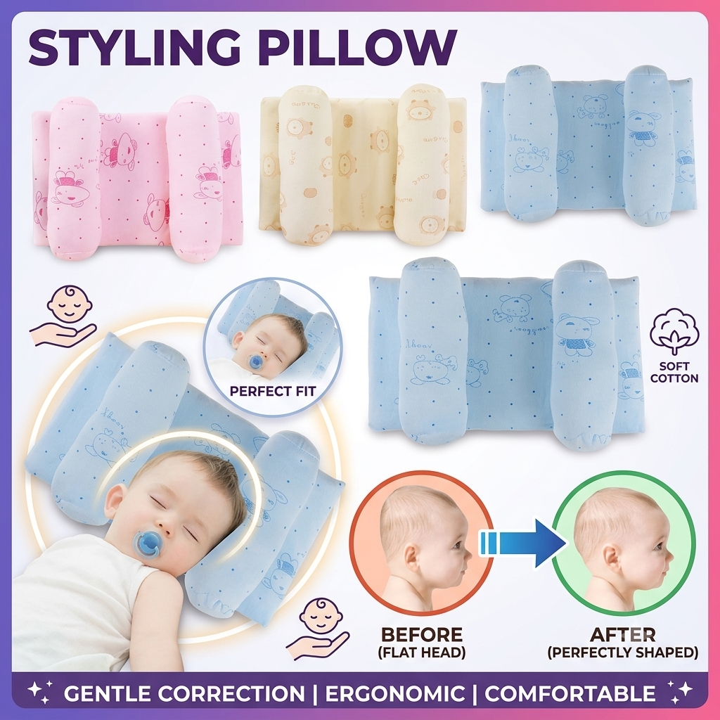 Newborn Baby Head Shaping Pillow – Adjustable Infant Head Support Cushion for Comfortable Sleep, Random Color & Design