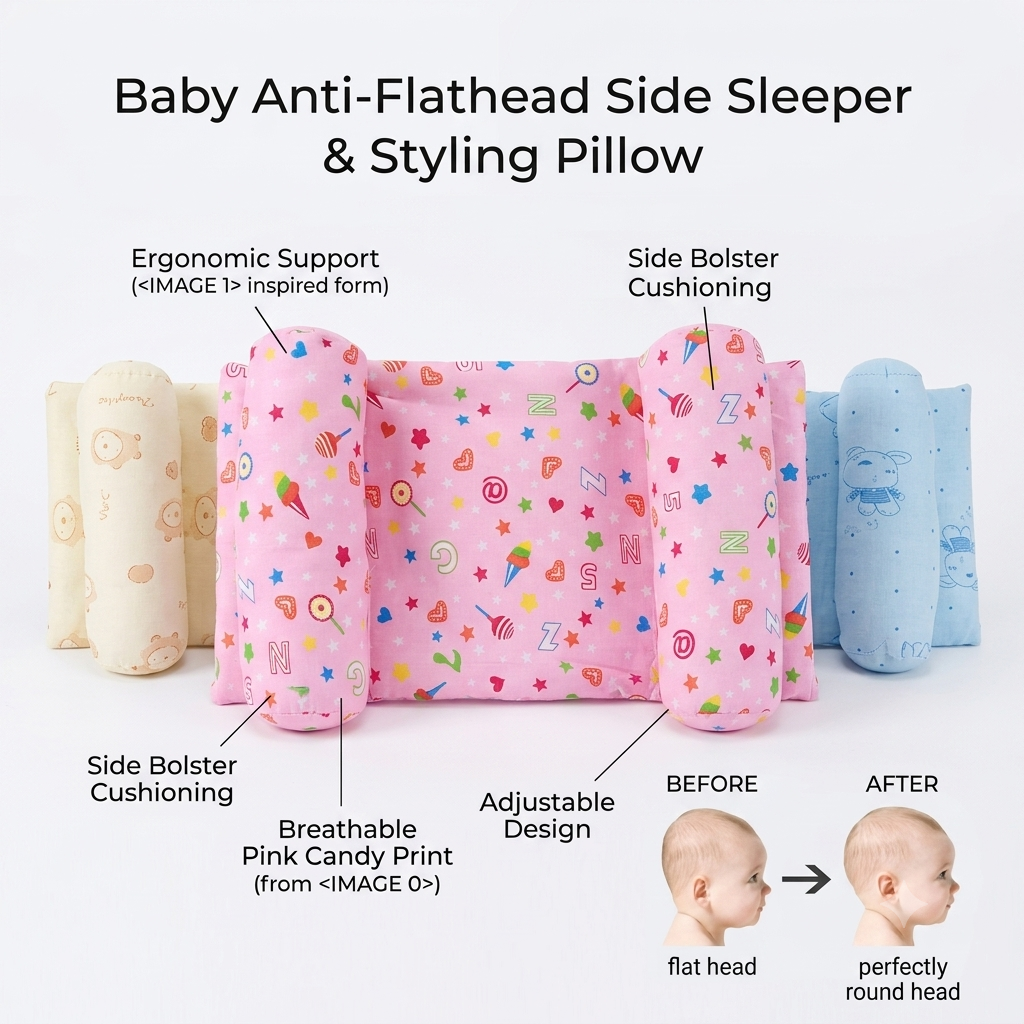 Newborn Baby Head Shaping Pillow – Adjustable Infant Head Support Cushion for Comfortable Sleep, Random Color & Design
