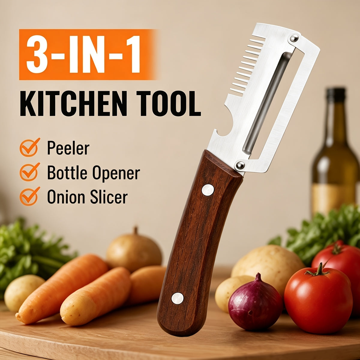 Buy 1 Get 1 Free – 3-in-1 Stainless Steel Vegetable Peeler, Fruit & Vegetable Cutter, Slicer & Bottle Opener with Wooden Handle