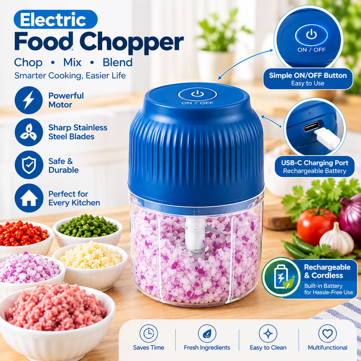 Mini Food Chopper 250ml – USB Rechargeable Vegetable, Garlic & Meat Grinder, Portable Electric Food Cutter with Cable