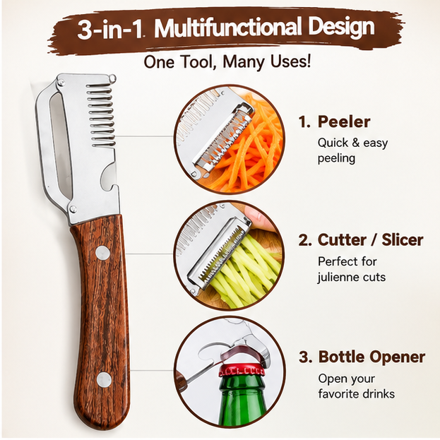Buy 1 Get 1 Free – 3-in-1 Stainless Steel Vegetable Peeler, Fruit & Vegetable Cutter, Slicer & Bottle Opener with Wooden Handle