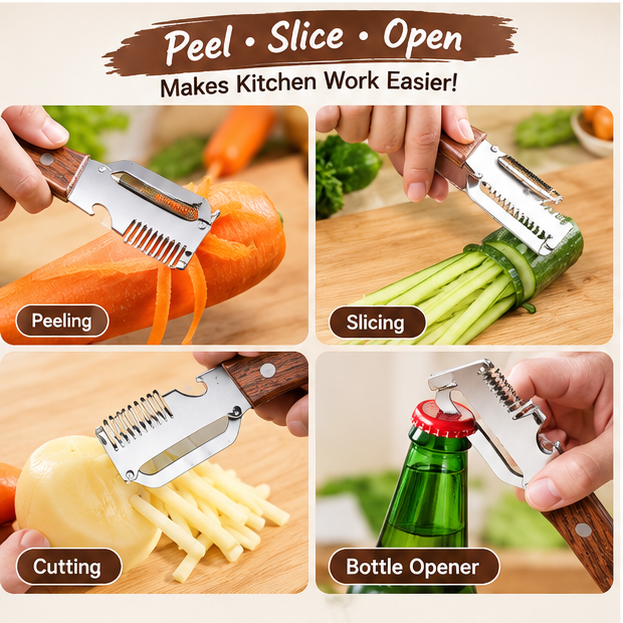 Buy 1 Get 1 Free – 3-in-1 Stainless Steel Vegetable Peeler, Fruit & Vegetable Cutter, Slicer & Bottle Opener with Wooden Handle